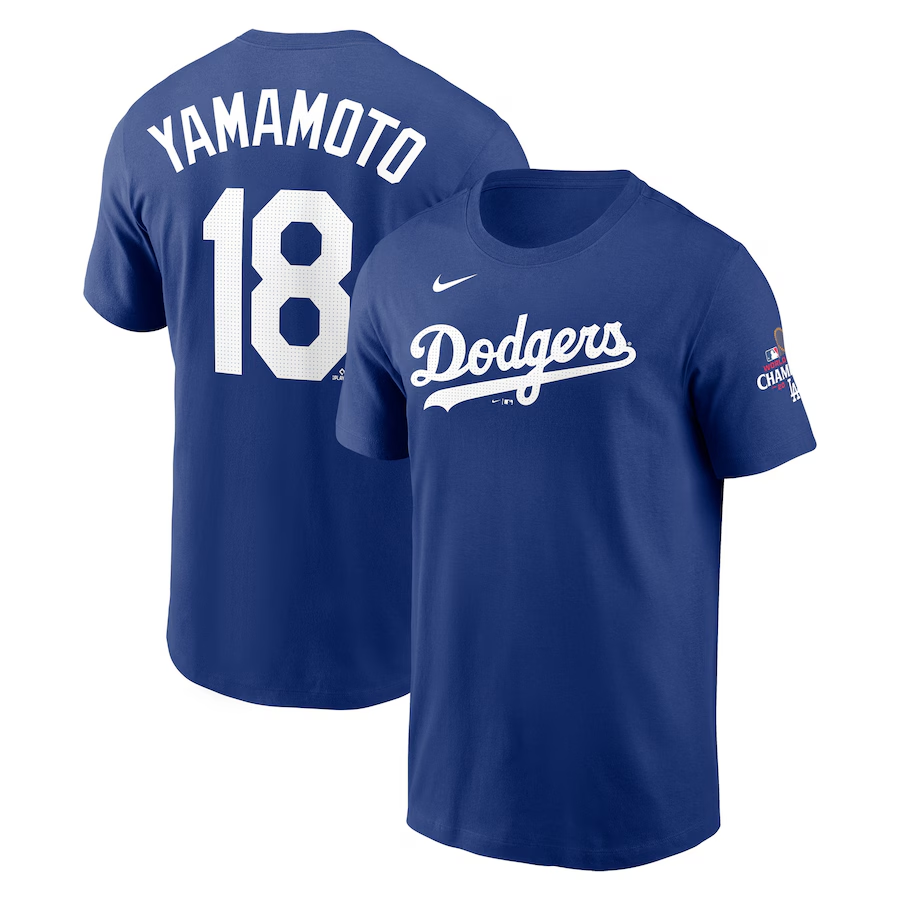 Men Los Angeles Dodgers 18 Yamamoto 2024 MLB World Series Champions blue white T shirts